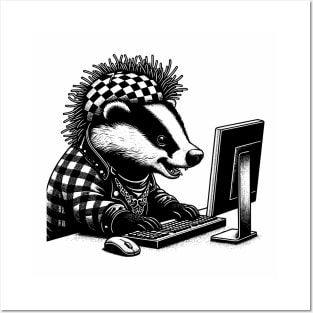 Punk Rock Oddcore Goth Badger on Computer Vintage Style Posters and Art